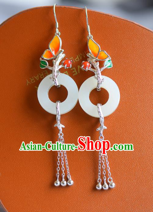 China Traditional Enamel Butterfly Ear Jewelry Accessories Classical Cheongsam Silver Tassel Jade Earrings