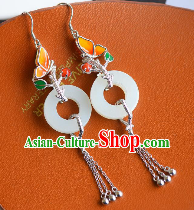 China Traditional Enamel Butterfly Ear Jewelry Accessories Classical Cheongsam Silver Tassel Jade Earrings