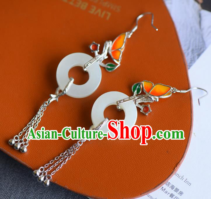 China Traditional Enamel Butterfly Ear Jewelry Accessories Classical Cheongsam Silver Tassel Jade Earrings