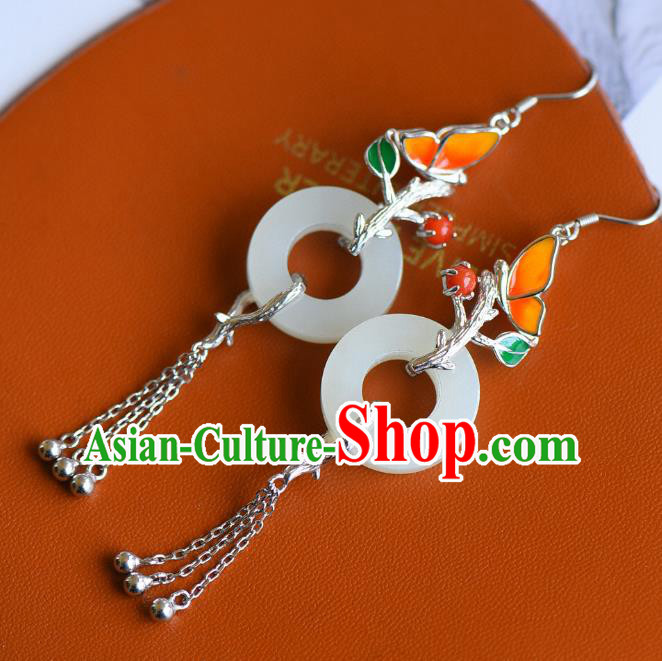China Traditional Enamel Butterfly Ear Jewelry Accessories Classical Cheongsam Silver Tassel Jade Earrings