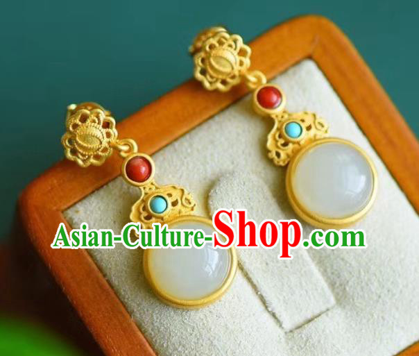 China Traditional Golden Ear Jewelry Accessories Classical Cheongsam Hetian Jade Earrings