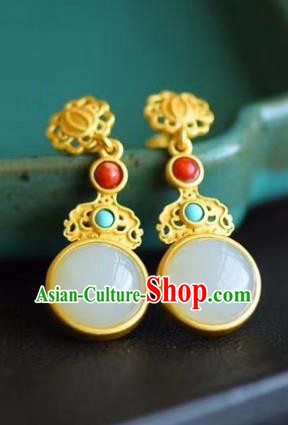 China Traditional Golden Ear Jewelry Accessories Classical Cheongsam Hetian Jade Earrings