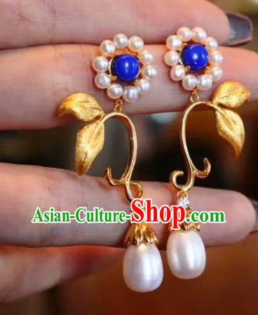 China Traditional Golden Flower Ear Jewelry Accessories Classical Cheongsam Pearls Earrings