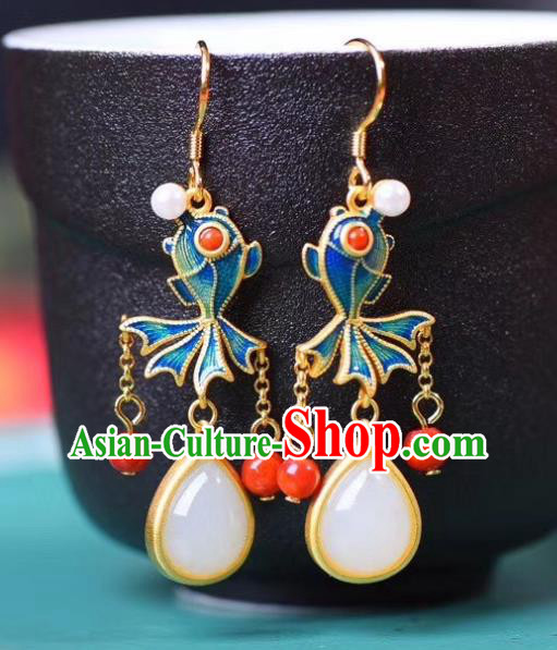 China Traditional Blueing Goldfish Ear Jewelry Accessories Classical Cheongsam Red Beads Tassel Earrings