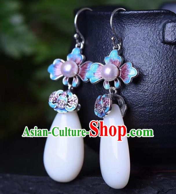 China Traditional Pearl Jade Ear Jewelry Accessories Classical Cheongsam Blueing Bat Earrings