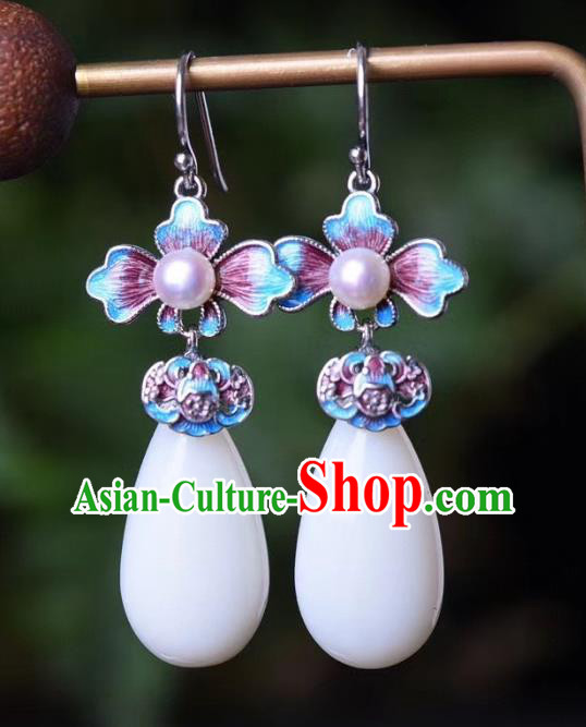 China Traditional Pearl Jade Ear Jewelry Accessories Classical Cheongsam Blueing Bat Earrings