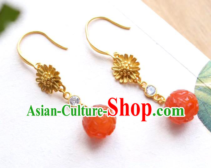 China Traditional Golden Chrysanthemum Ear Jewelry Accessories Classical Cheongsam Agate Bead Earrings