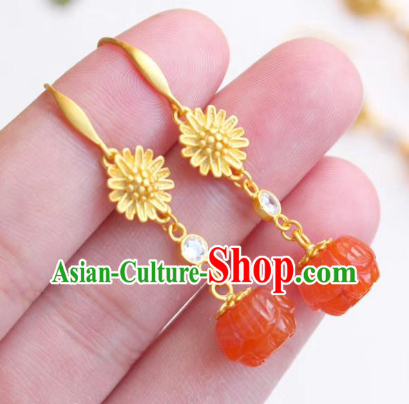China Traditional Golden Chrysanthemum Ear Jewelry Accessories Classical Cheongsam Agate Bead Earrings