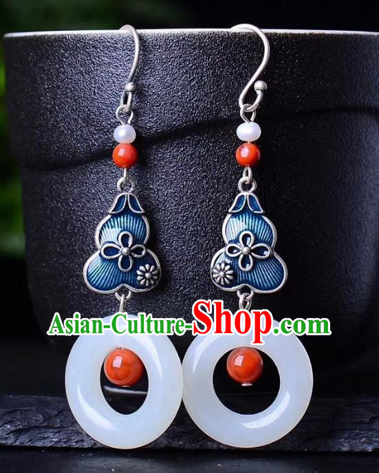 China Traditional Jade Peace Buckle Ear Jewelry Accessories Classical Cheongsam Blueing Gourd Earrings