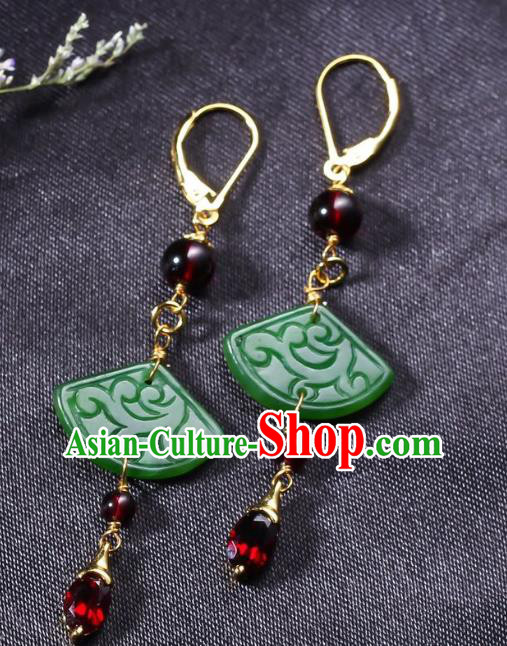 China Traditional Garnet Ear Jewelry Accessories Classical Cheongsam Jade Fan Earrings
