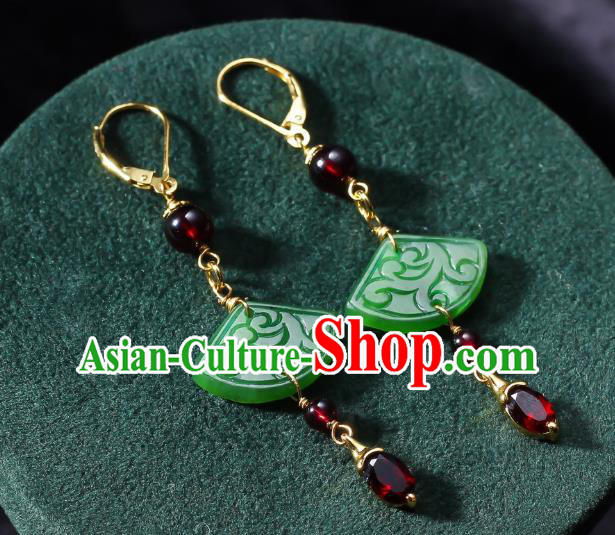 China Traditional Garnet Ear Jewelry Accessories Classical Cheongsam Jade Fan Earrings