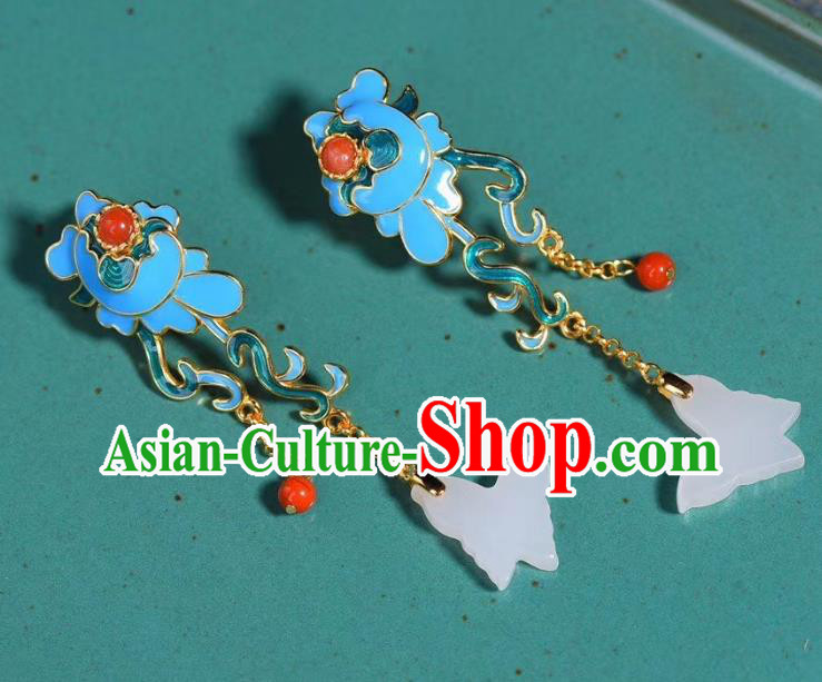 China Traditional White Jade Butterfly Ear Jewelry Accessories Classical Cheongsam Blueing Earrings
