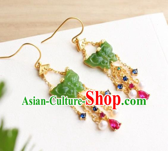 China Traditional Jade Butterfly Ear Jewelry Accessories Classical Cheongsam Crystal Tassel Earrings