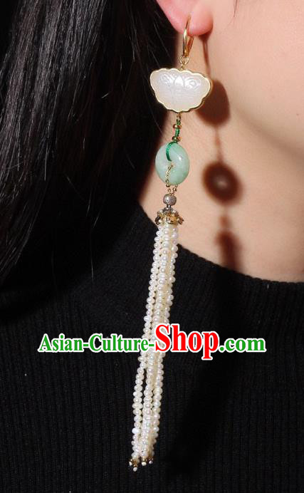 China Traditional Pearls Long Tassel Ear Jewelry Accessories Classical Cheongsam Jade Butterfly Earrings