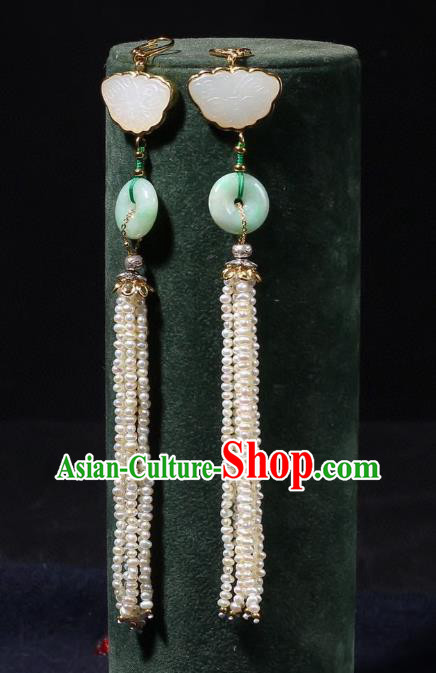 China Traditional Pearls Long Tassel Ear Jewelry Accessories Classical Cheongsam Jade Butterfly Earrings
