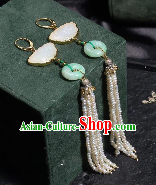 China Traditional Pearls Long Tassel Ear Jewelry Accessories Classical Cheongsam Jade Butterfly Earrings