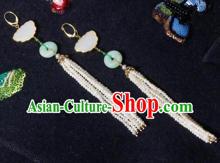 China Traditional Pearls Long Tassel Ear Jewelry Accessories Classical Cheongsam Jade Butterfly Earrings