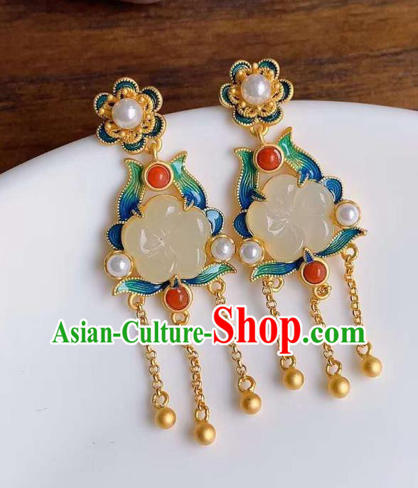China Traditional Jade Plum Ear Jewelry Accessories Classical Cheongsam Blueing Golden Tassel Earrings