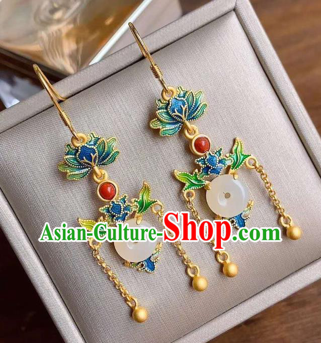 China Traditional Golden Tassel Jade Ear Jewelry Accessories Classical Cheongsam Blueing Lotus Earrings
