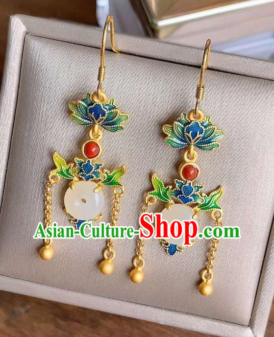 China Traditional Golden Tassel Jade Ear Jewelry Accessories Classical Cheongsam Blueing Lotus Earrings
