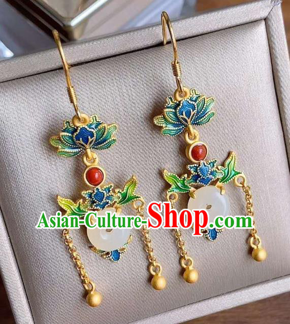 China Traditional Golden Tassel Jade Ear Jewelry Accessories Classical Cheongsam Blueing Lotus Earrings