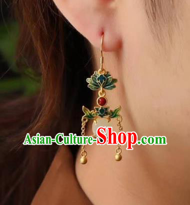 China Traditional Golden Tassel Jade Ear Jewelry Accessories Classical Cheongsam Blueing Lotus Earrings