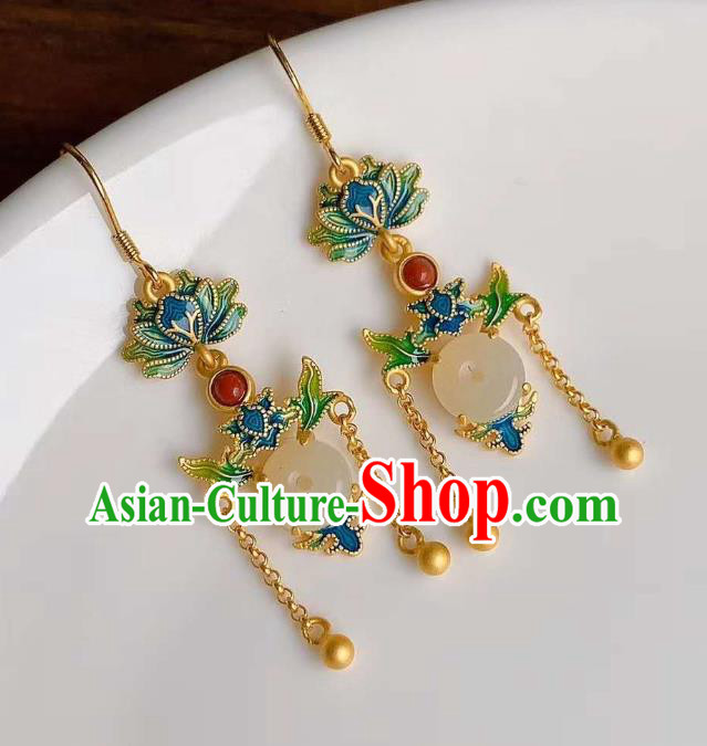 China Traditional Golden Tassel Jade Ear Jewelry Accessories Classical Cheongsam Blueing Lotus Earrings
