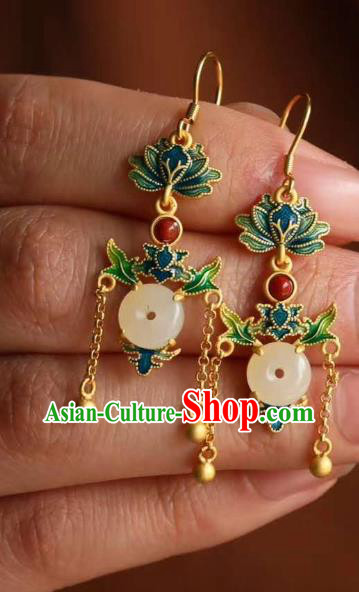 China Traditional Golden Tassel Jade Ear Jewelry Accessories Classical Cheongsam Blueing Lotus Earrings