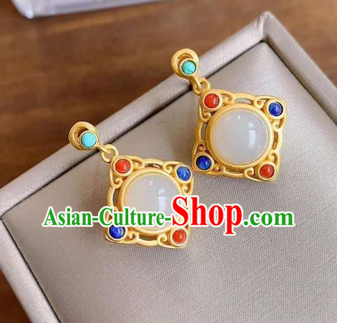 China Traditional Gems Ear Jewelry Accessories Classical Qing Dynasty Cheongsam Golden Earrings