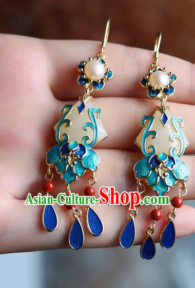 China Traditional Jade Pearl Ear Jewelry Accessories Classical Cheongsam Cloisonne Tassel Earrings