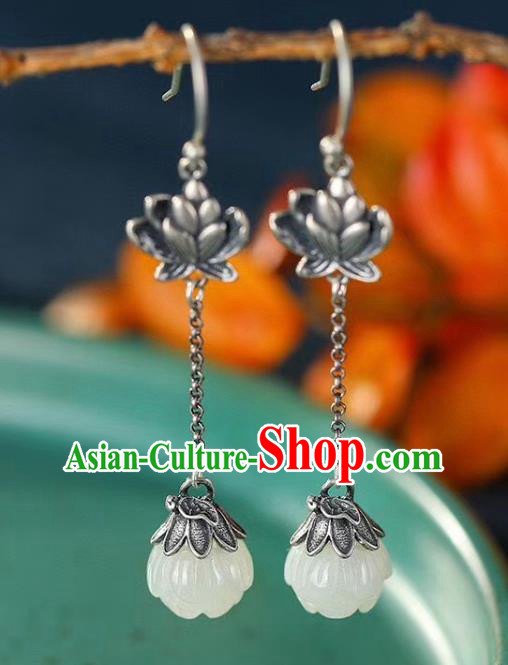 China Traditional Silver Ear Jewelry Accessories Classical Cheongsam Jade Lotus Earrings