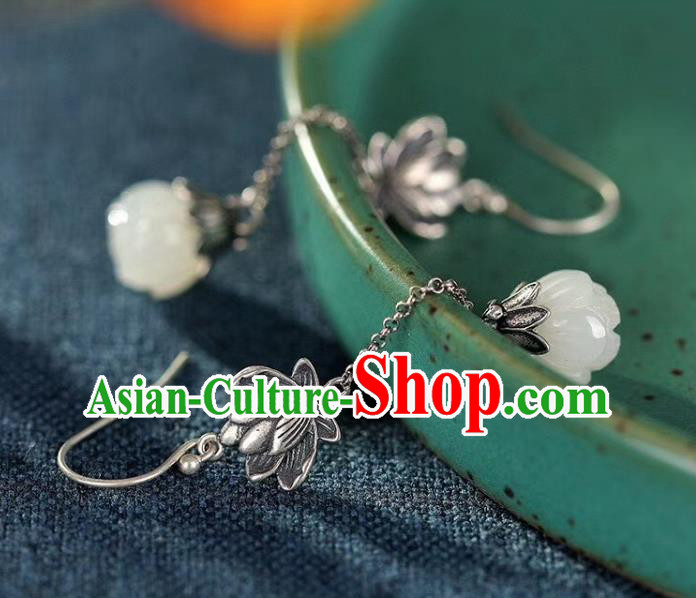 China Traditional Silver Ear Jewelry Accessories Classical Cheongsam Jade Lotus Earrings
