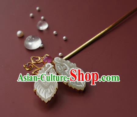 China Traditional Jade Fish Hairpin Handmade Hair Accessories Ming Dynasty Empress Tourmaline Hair Stick