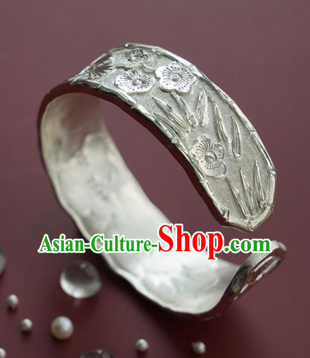 China Handmade Silver Bracelet Accessories Traditional National Carving Pine Bamboo Plum Bangle Jewelry