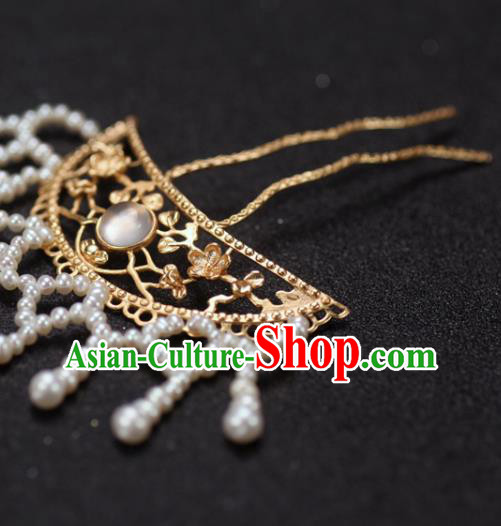 China Handmade Pearls Tassel Hairpin Traditional Ming Dynasty Hair Accessories Ancient Princess Golden Hair Stick