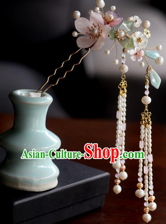 China Ancient Princess Shell Flowers Hair Stick Handmade Pearls Tassel Hairpin Traditional Ming Dynasty Hair Accessories