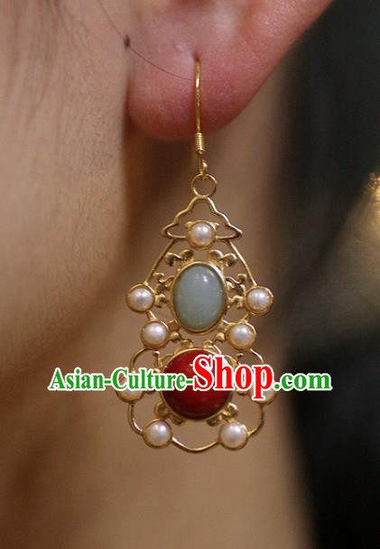 China Traditional Ming Dynasty Empress Ear Jewelry Accessories Handmade Ancient Court Pearls Gems Earrings