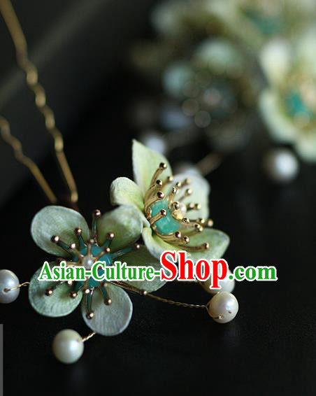 China Ancient Princess Green Silk Plum Hair Stick Traditional Ming Dynasty Hair Accessories Handmade Pearls Hairpin