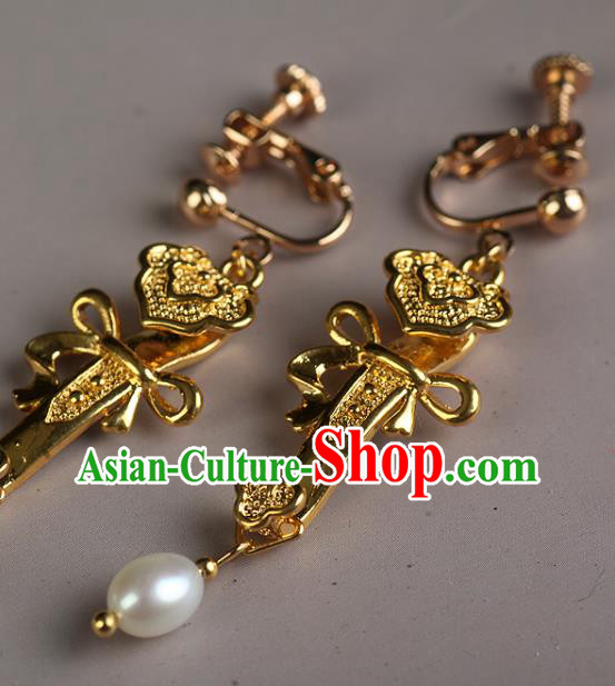 China Traditional Ming Dynasty Empress Pearl Ear Jewelry Accessories Handmade Ancient Court Golden Earrings