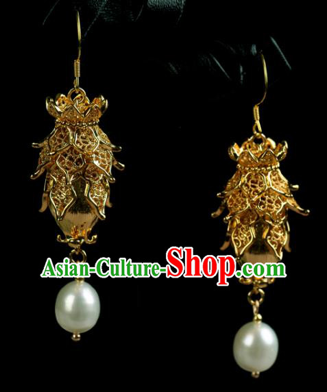 China Handmade Ancient Court Empress Golden Earrings Traditional Ming Dynasty Pearl Ear Jewelry Accessories