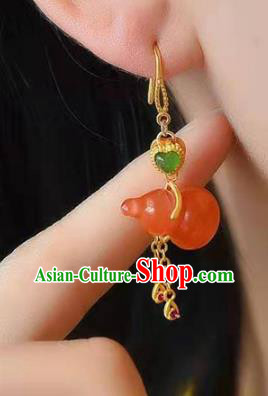 Handmade China Agate Gourd Earrings Traditional Golden Tassel Ear Jewelry Accessories