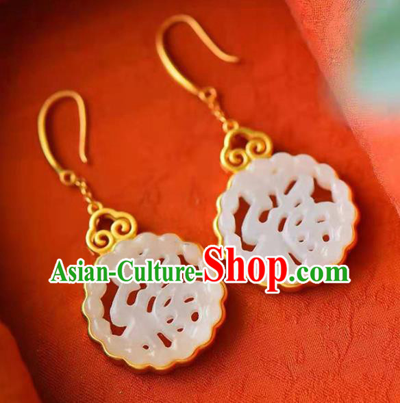 Handmade China Golden Cloud Ear Jewelry Accessories Traditional Cheongsam White Jade Lucky Earrings