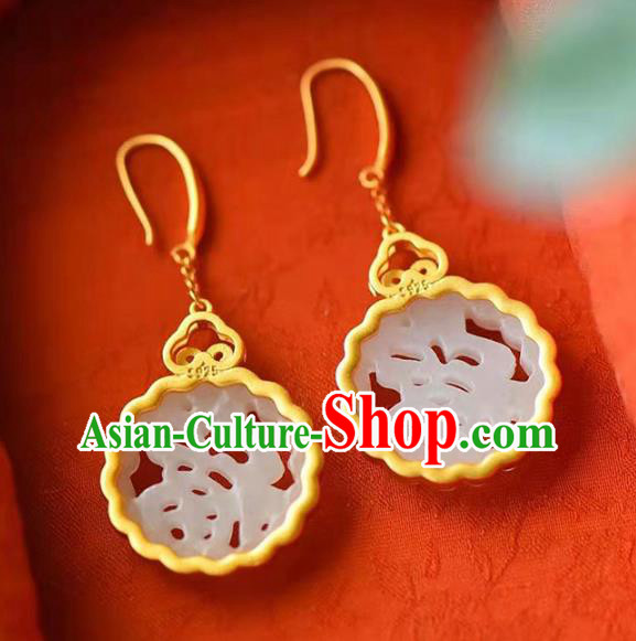 Handmade China Golden Cloud Ear Jewelry Accessories Traditional Cheongsam White Jade Lucky Earrings