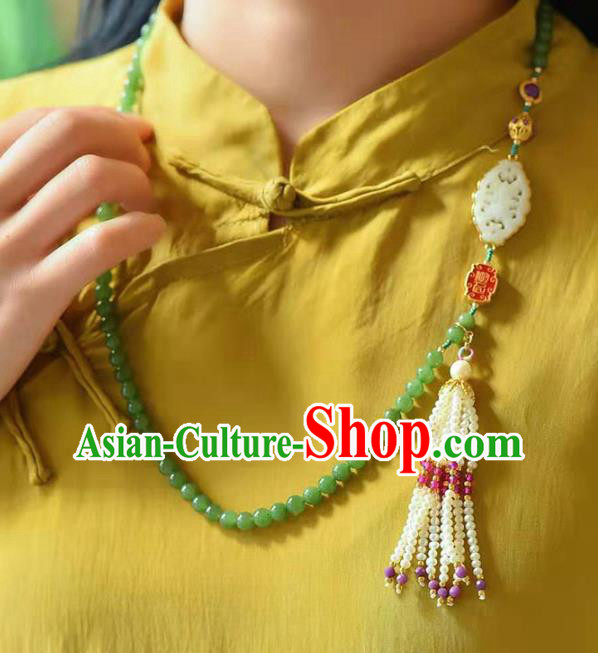 Chinese Classical Pearls Tassel Necklace Pendant National Handmade Jade Beads Necklet Jewelry Accessories