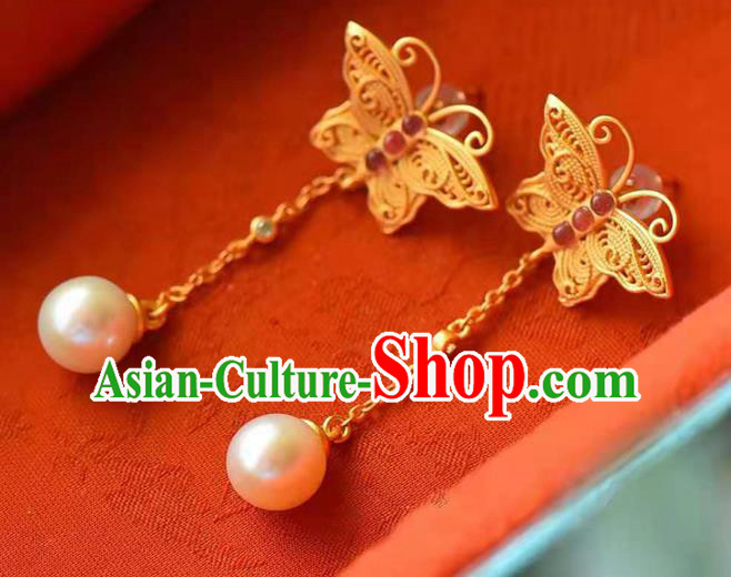 Handmade China Golden Butterfly Ear National Jewelry Accessories Traditional Cheongsam Tourmaline Pearl Earrings