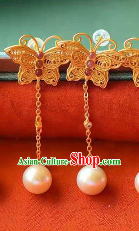 Handmade China Golden Butterfly Ear National Jewelry Accessories Traditional Cheongsam Tourmaline Pearl Earrings