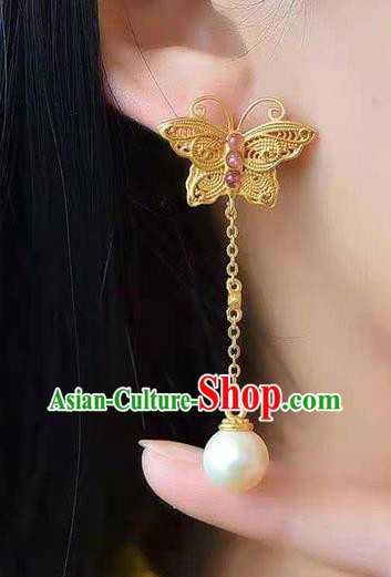 Handmade China Golden Butterfly Ear National Jewelry Accessories Traditional Cheongsam Tourmaline Pearl Earrings