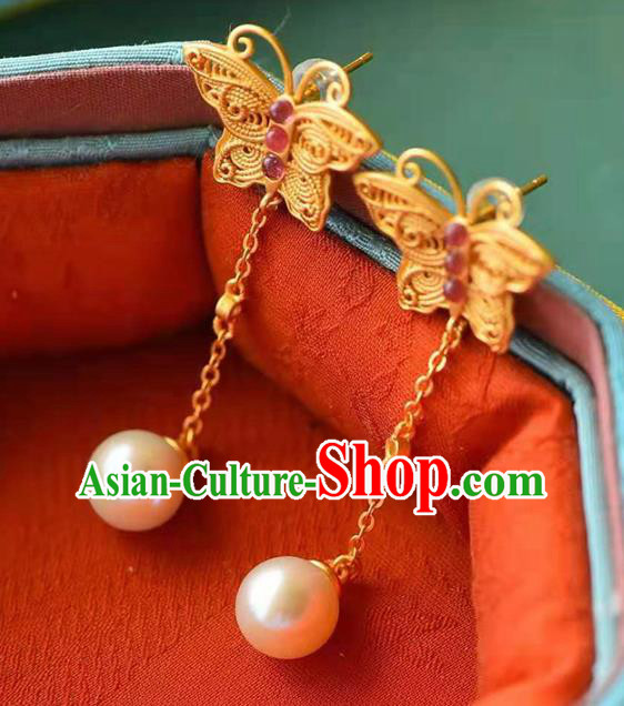 Handmade China Golden Butterfly Ear National Jewelry Accessories Traditional Cheongsam Tourmaline Pearl Earrings