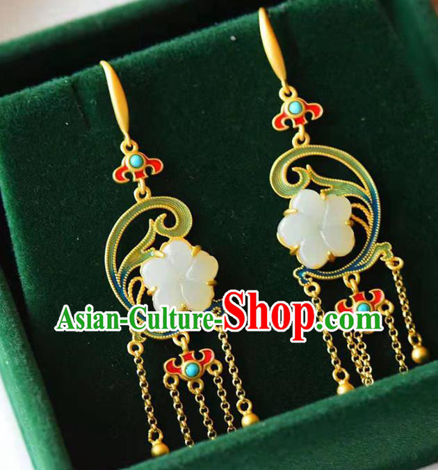 Handmade China Jade Plum Ear National Jewelry Accessories Traditional Cheongsam Golden Tassel Earrings