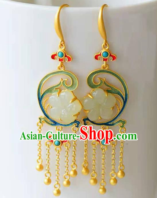Handmade China Jade Plum Ear National Jewelry Accessories Traditional Cheongsam Golden Tassel Earrings